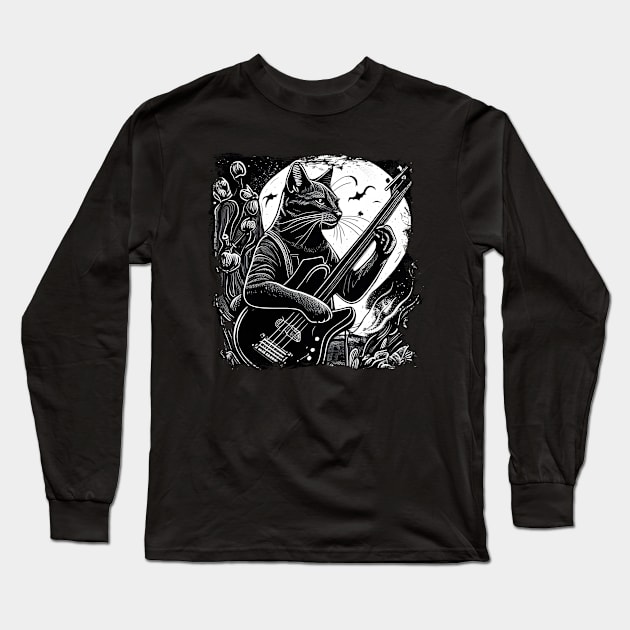 Cute Musician Black Cat Kitty Playing Guitar - Funny Cats Long Sleeve T-Shirt by Wesley Mcanderson Jones